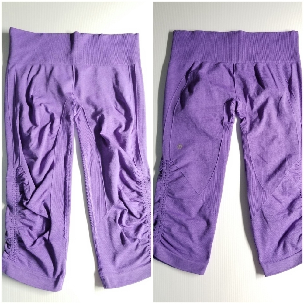 Lululemon Purple Yoga Crop Ruched Leggings with Wide Waist Band, size 8